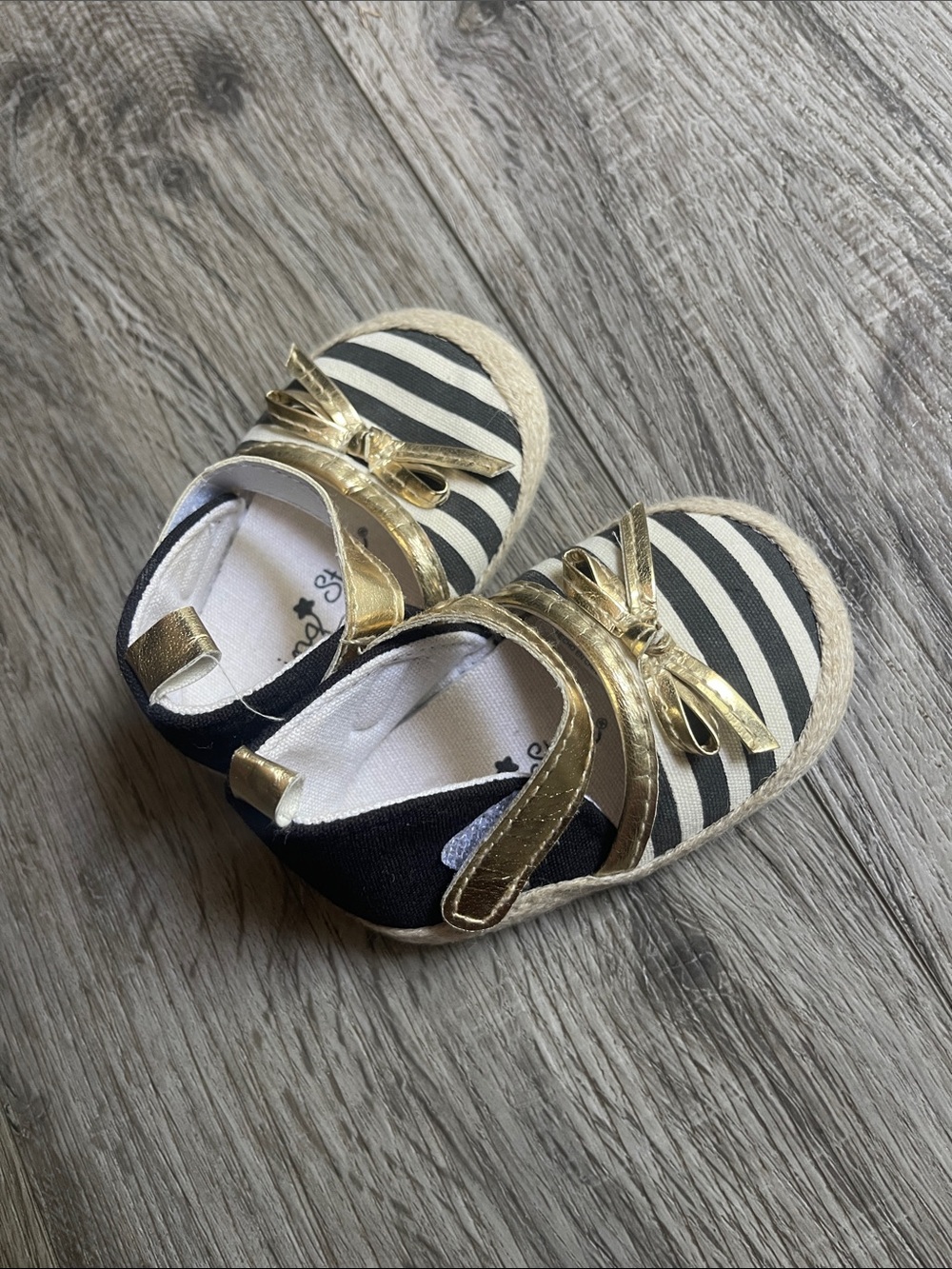 Gold-Accent Black & White Striped baby shoe 3-6 months